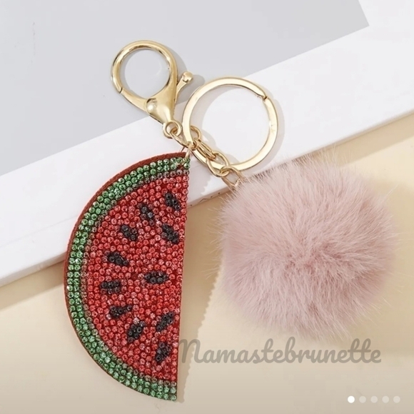 Rhinestone Watermelon Pom Pom Keychain Bag Charm - Picture 9 of 17
